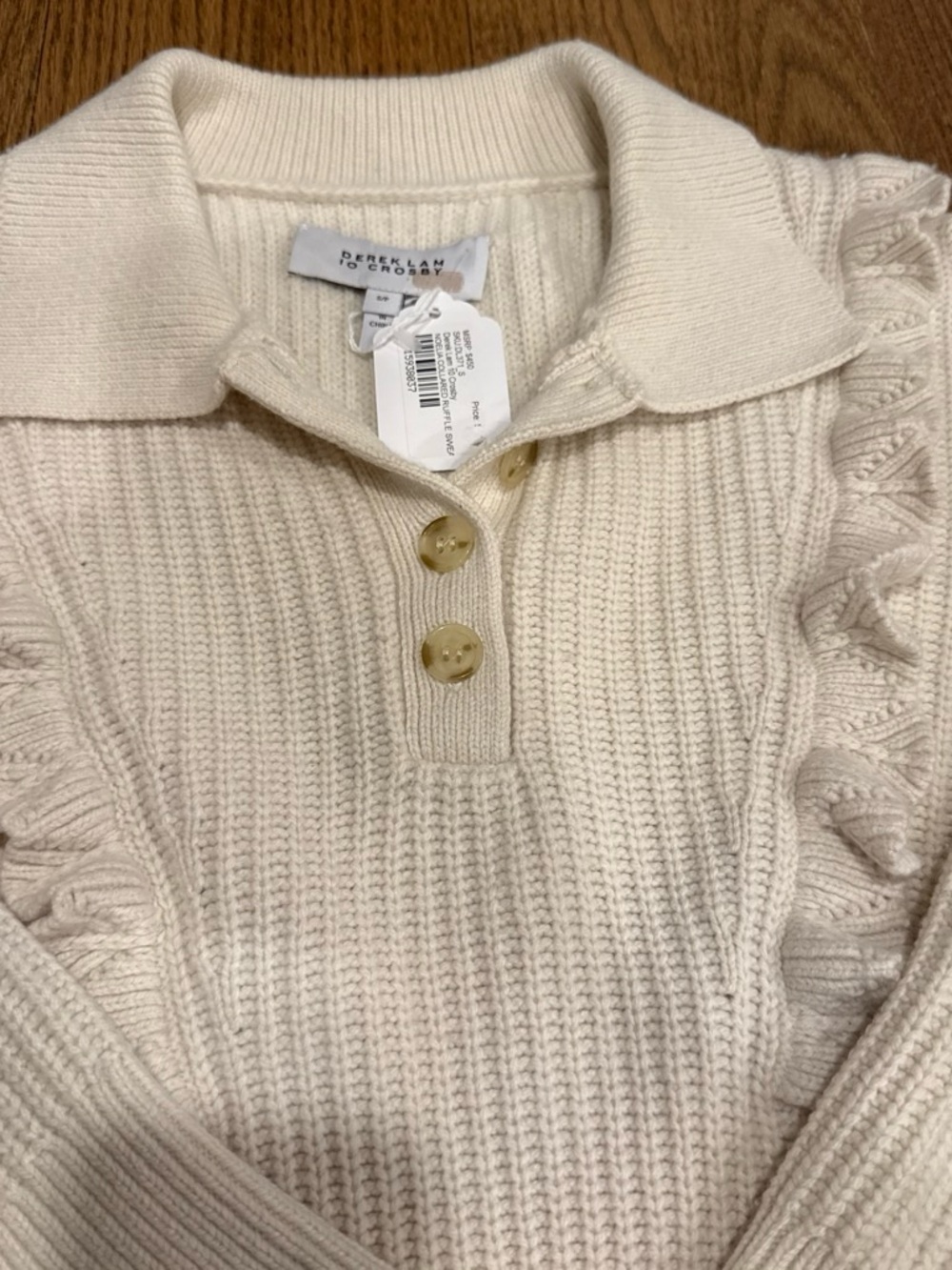 10 Crosby Derek Lam Cream Ruffle-Trim Collared Knit Sweater